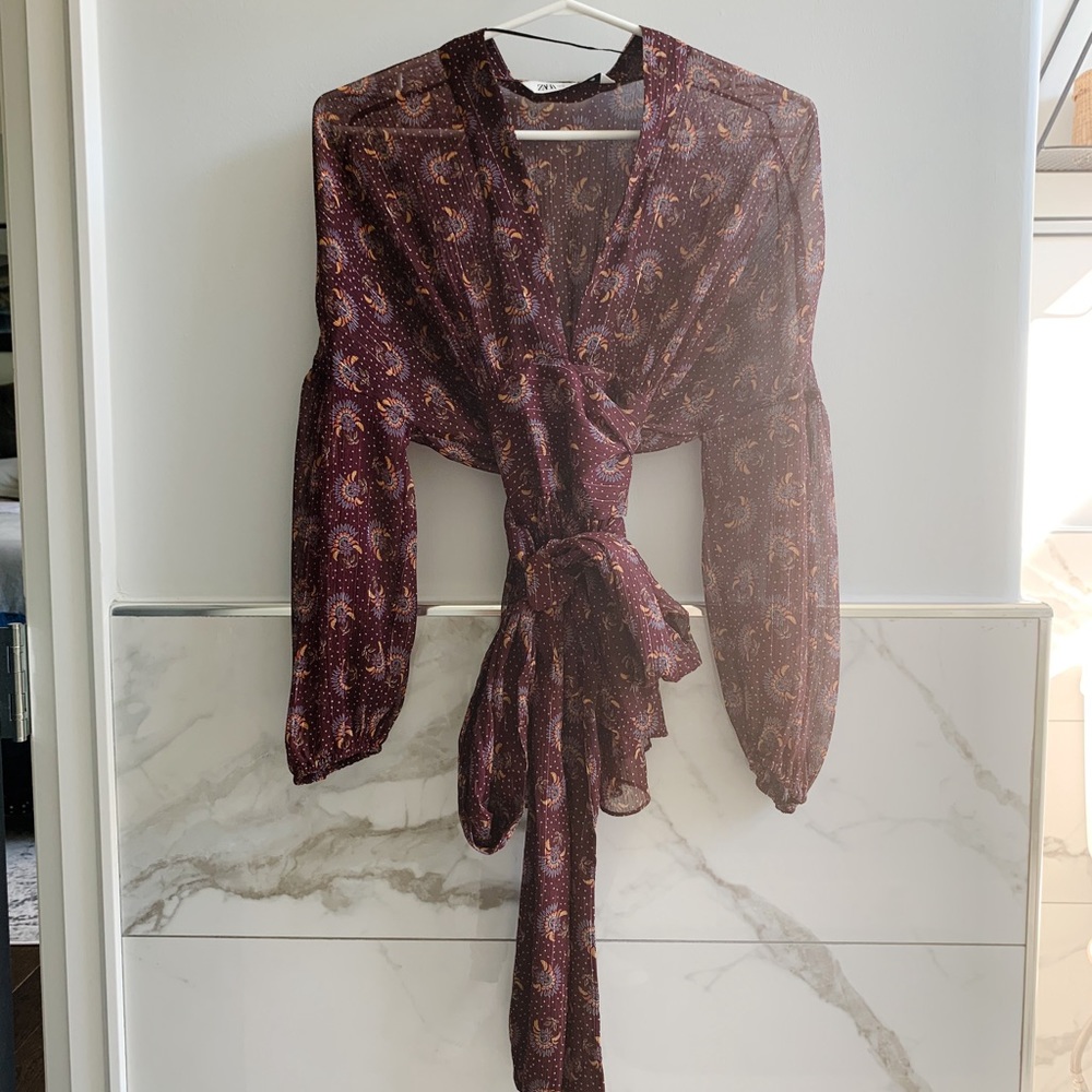 Zara Wrap Blouse.  Gathered Details at Bust and Shoulders.  Gold Threading
